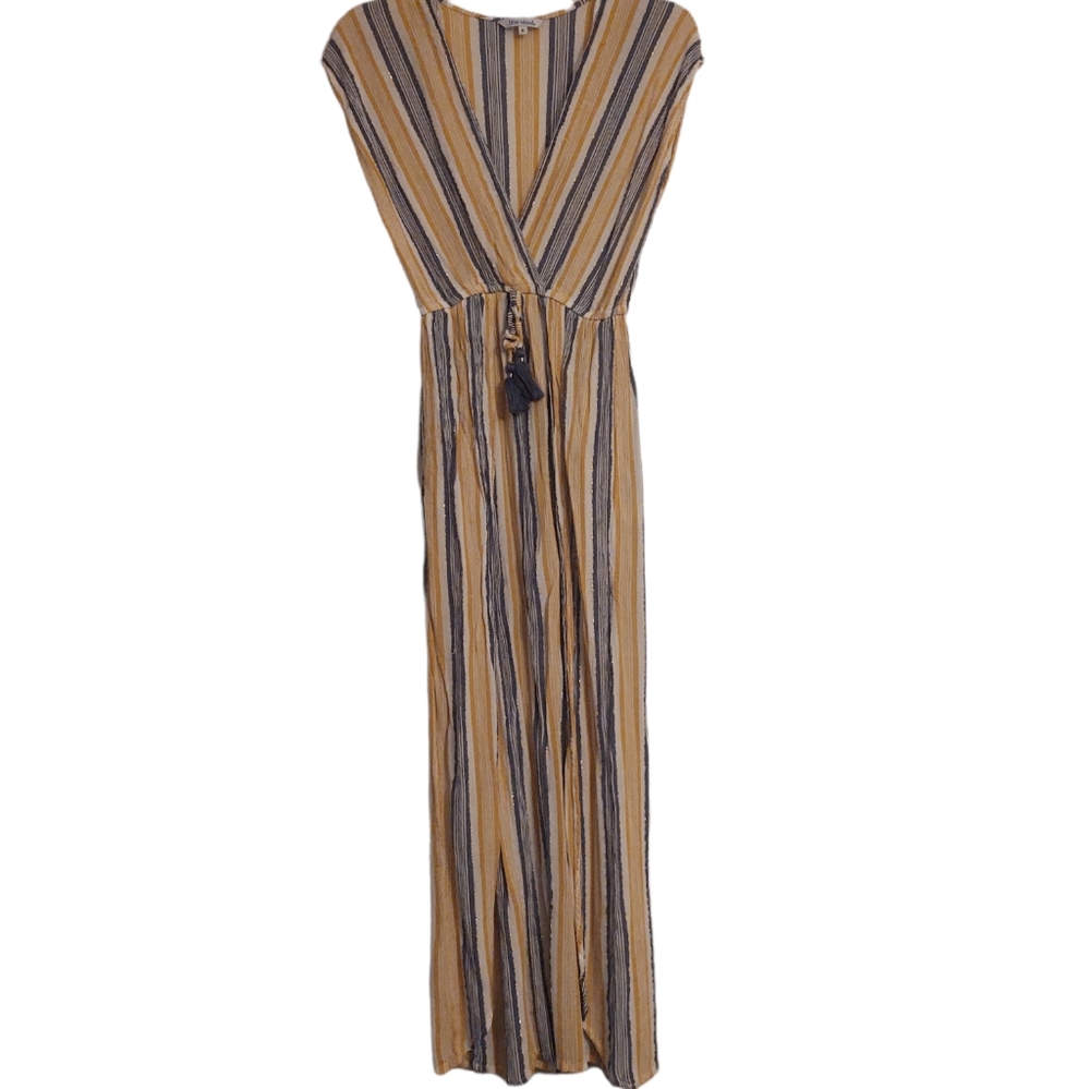 Plunge Maxi Dress Blue Yellow with Waist Tie Small